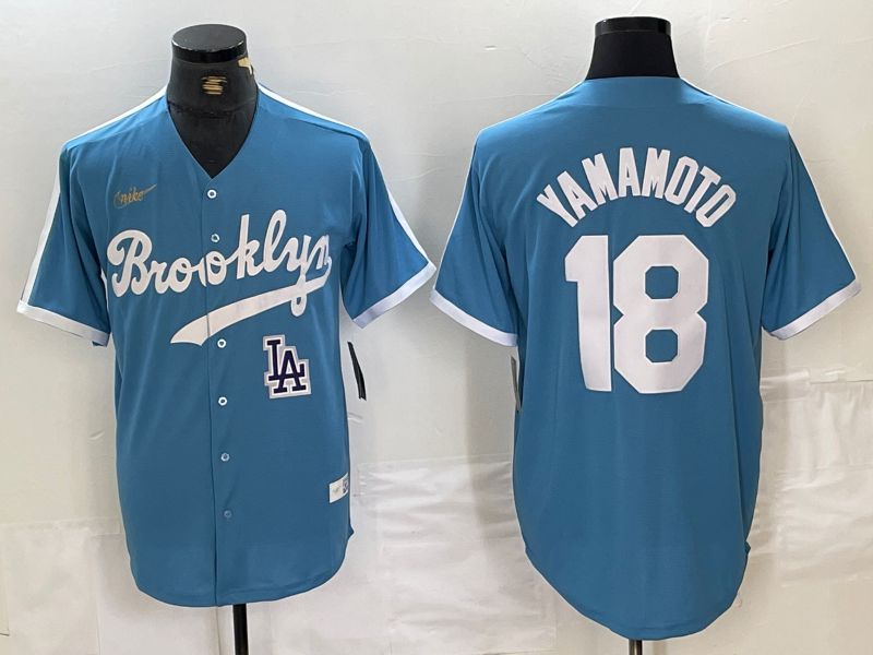 Men Los Angeles Dodgers #18 Yamamoto Light blue Throwback 2024 Nike MLB Jersey style 2